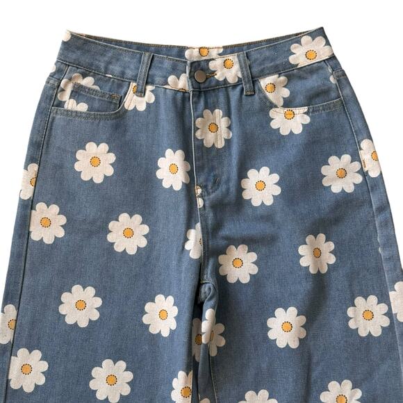 Daisy Printed Wide Leg Jeans Size‎ Medium Hippie Boho Flowers High Rise - Picture 3 of 9